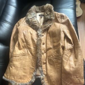 Wonans size 6 Danier Brown Leather Jacket with Faux Fur Trim